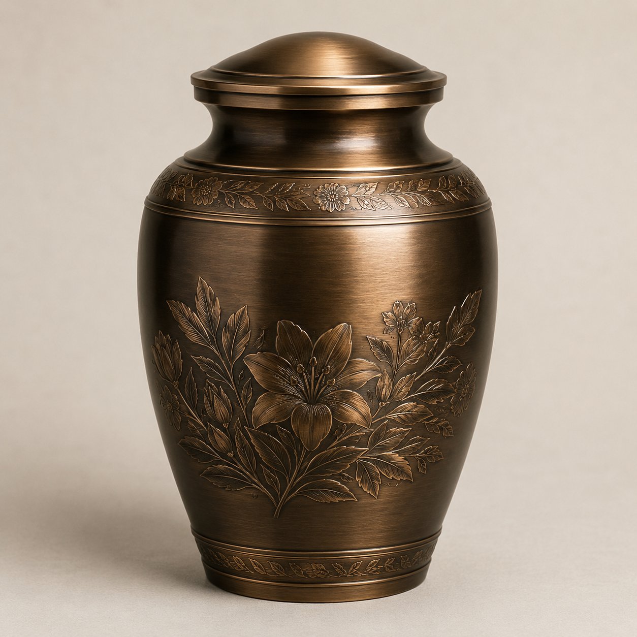 Urna cineraria in bronzo lavorato con motivi floreali per cremazione