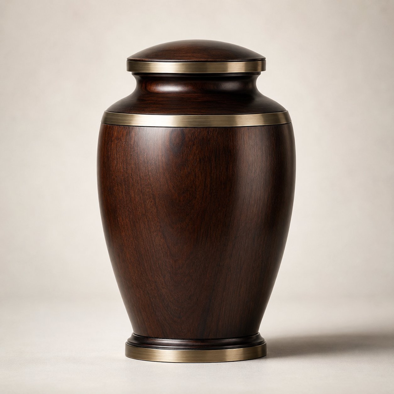 Urna cineraria in legno scuro con bordature in ottone per cremazione